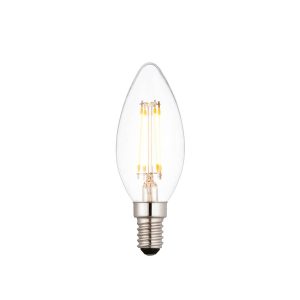 Dimmable 4W LED E14 candle bulb with 420 lumens and 2700k, on white background.