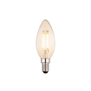 Dimmable 4W LED E14 amber candle bulb with 360 lumens and 2500k (very warm white), on white background.