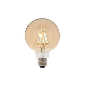 Dimmable 6W E27 LED 95mm amber globe bulb with 540 lumens in very warm white, lit.