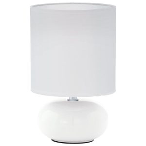 Trondio small white ceramic table lamp with shade on white background