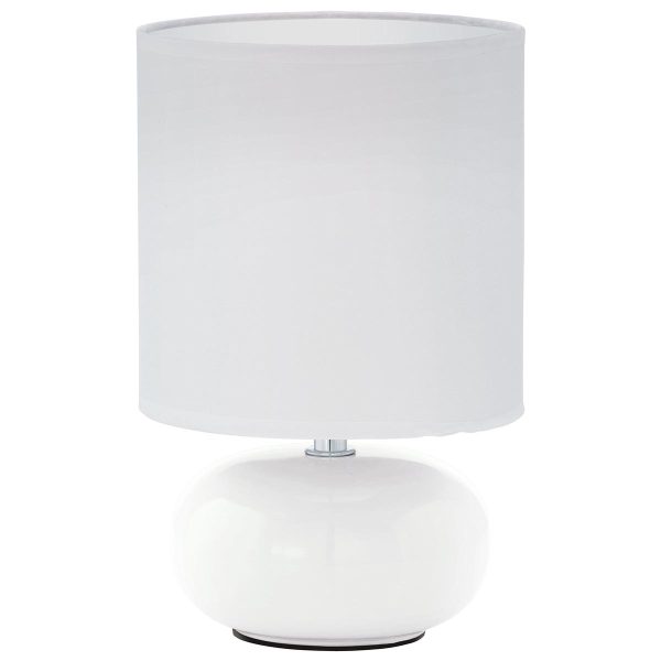 Trondio small white ceramic table lamp with shade on white background