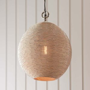 Asha round ceiling pendant with polished nickel plated wire shade in room setting