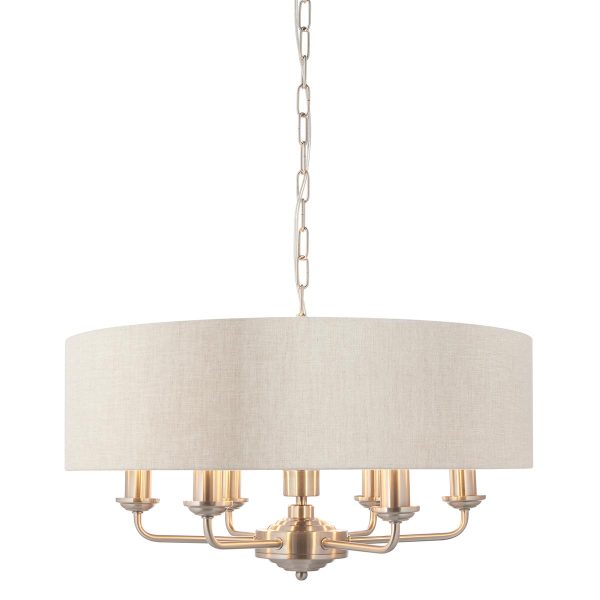 Highclere 6 light pendant with natural linen shade in brushed chrome on white background