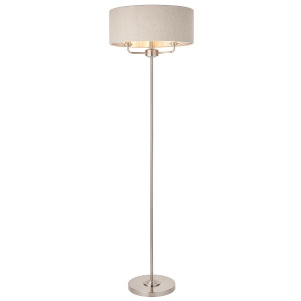 Highclere 3 light floor lamp standard in brushed chrome on white background