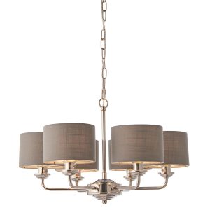Highclere 6 light polished nickel chandelier with charcoal shades on white background