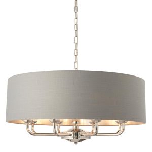 Highclere 8 light pendant with large charcoal shade in polished nickel on white background