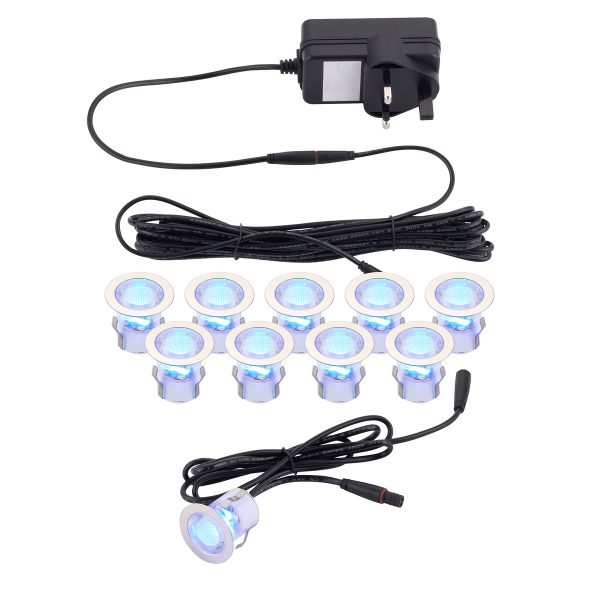 Kios 2 CCT LED, 10 light 30mm round IP44 deck lighting kit, showing full kit with blue light.