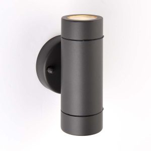 Palin 2 light modern outdoor wall light in anthracite on white background lit