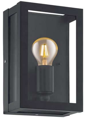 Alamonte 1 black 1 light outdoor box lantern ip44 shown lit on a white background with bulb.
