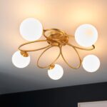 Ellipse 5 Light Semi Flush Ceiling Light Satin Brass Opal Glass