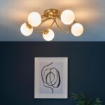 Ellipse 5 Light Semi Flush Ceiling Light Satin Brass Opal Glass