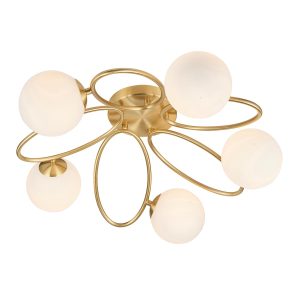 Ellipse 5 light semi flush ceiling light in satin brass on white background lit