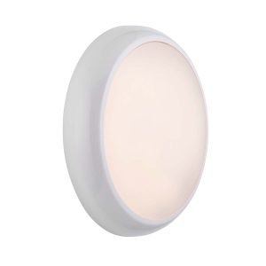 HeroPro 18W CCT LED bulkhead light with microwave sensor in gloss white, shown wall mounted on white background
