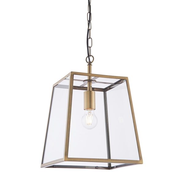 Hurst 1 light pendant lantern in matt antique brass on white background