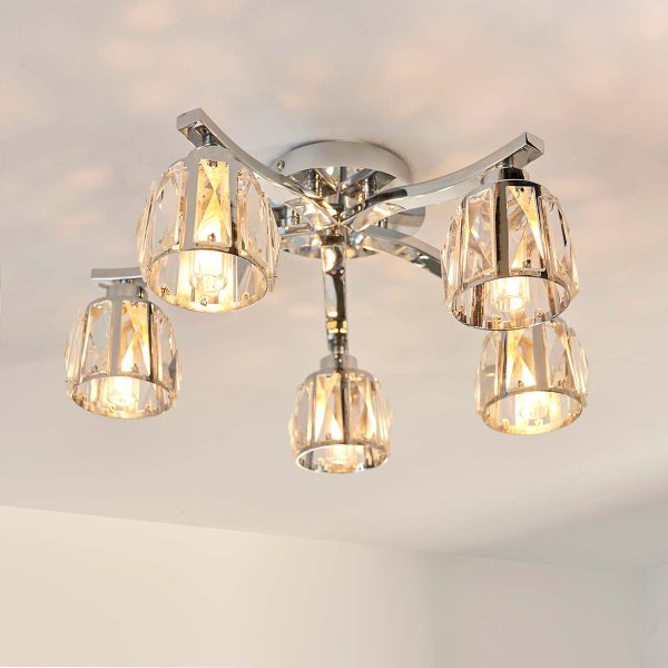 Ria 5 arm bathroom ceiling light in polished chrome on bathroom ceiling