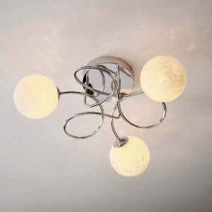 Delos 3 light polished chrome semi flush ceiling light on room ceiling lit