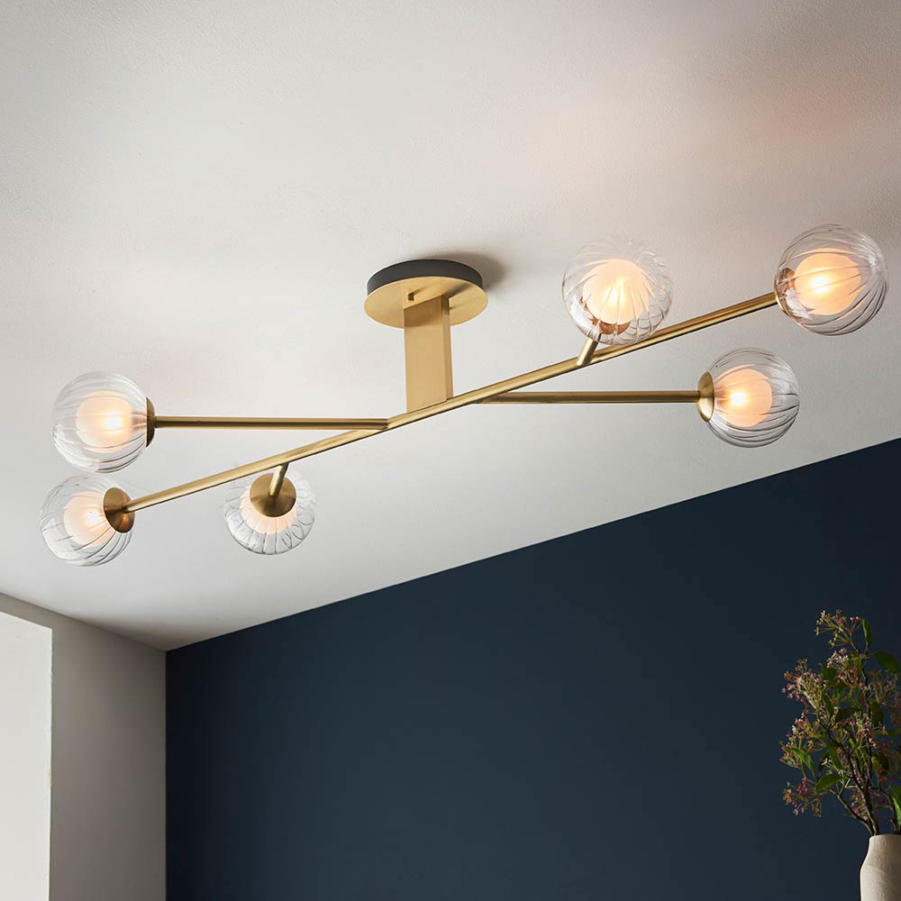 6 Light Semi Flush in Satin Brass with Ribbed / Frosted Glass