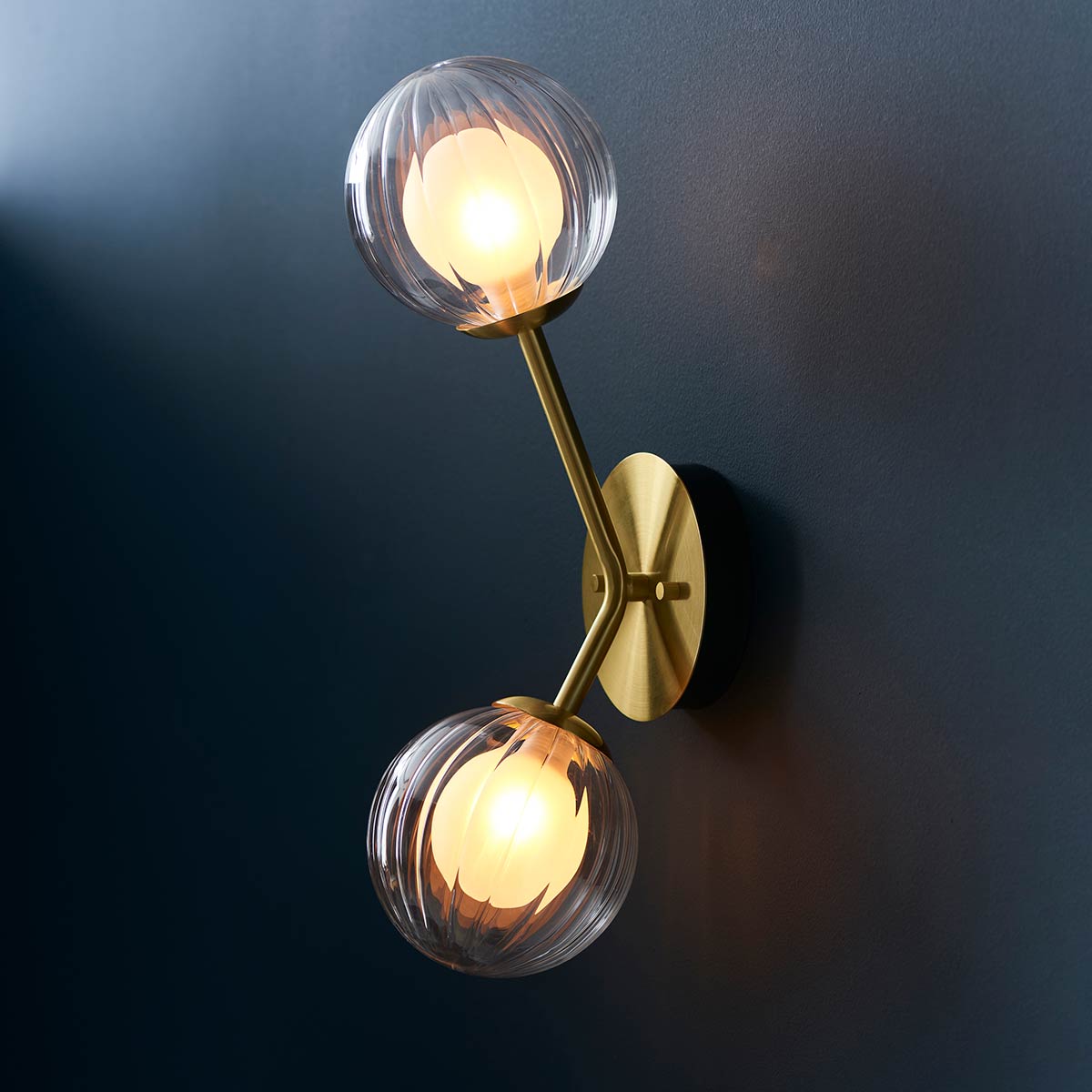 Twin Wall Light in Satin Brass with Ribbed / Frosted Glass