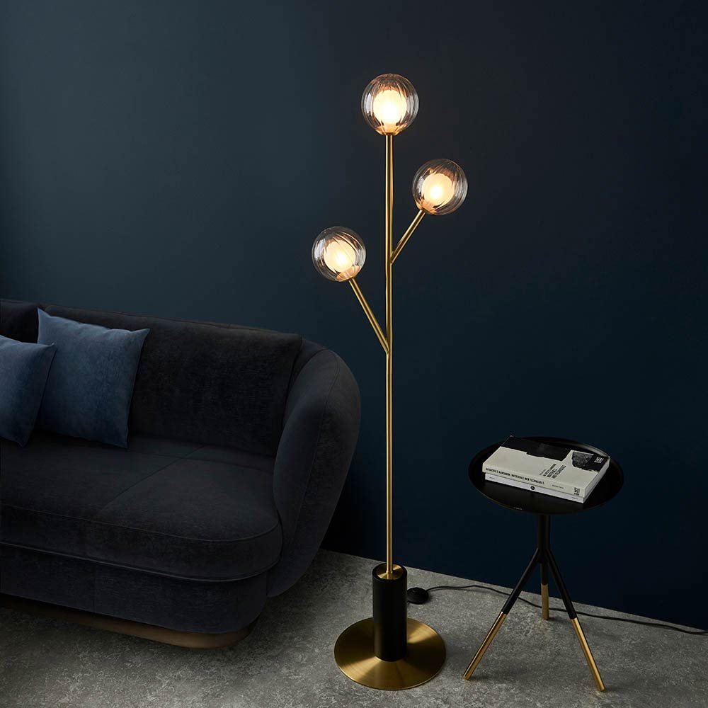 Satin Brass 3 Light Floor Lamp with Ribbed / Frosted Glass