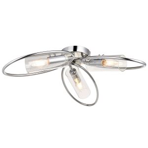 Amari 3 light modern semi flush ceiling light in polished chrome on white background lit