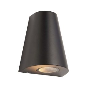 Helm modern outdoor wall down light in black on white background lit