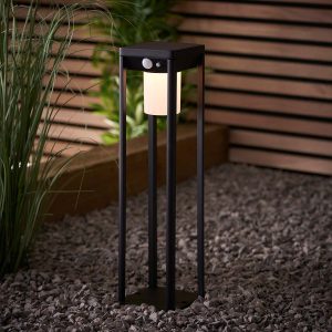 Hallam modern 40cm solar outdoor post light in textured black, garden setting lit