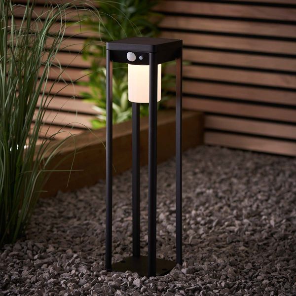 Hallam modern 40cm solar outdoor post light in textured black, garden setting lit