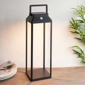 Linterna large solar outdoor table lamp in black on patio table