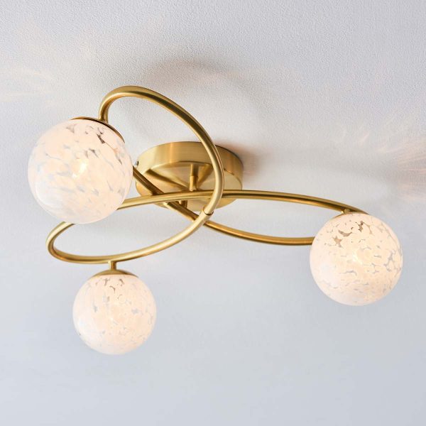 Maye 3 light satin brass semi flush ceiling light on room ceiling