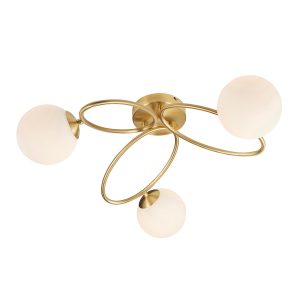 Ellipse 3 light semi flush ceiling light in satin brass on white background lit