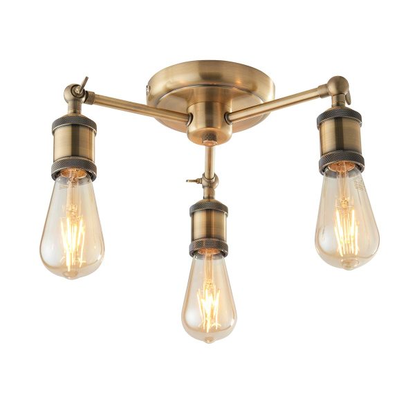 Hal 3 light semi flush ceiling light in antique brass on white background lit