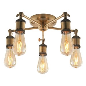 Hal 5 light semi flush ceiling light in antique brass on white background lit