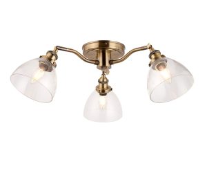Hansen 3 light semi flush ceiling light in antique brass on white background