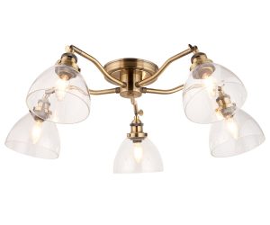 Hansen 5 light semi flush ceiling light in antique brass on white background
