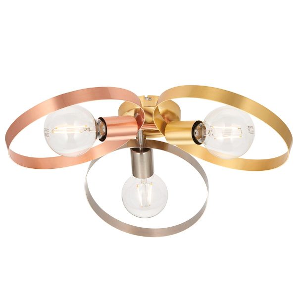 Hoop 3 light semi flush ceiling light in multi plated finish on white background lit