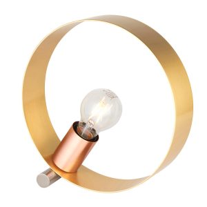 Hoop contemporary 1 light table lamp in brushed brass with nickel and copper detail on white background