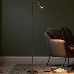 Modern LED dedicated floor reading lamp in satin nickel in sitting room setting
