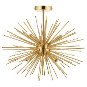 Orta 6 light starburst semi flush ceiling light in satin brass on white background