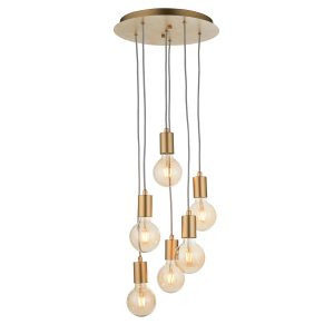 Studio 6 light cluster pendant in brushed brass, full height on white background