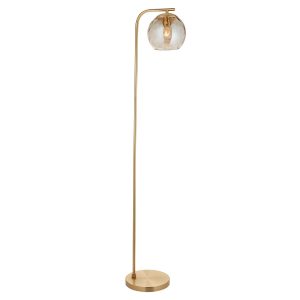 Dimple single light floor lamp in brushed brass on white background lit