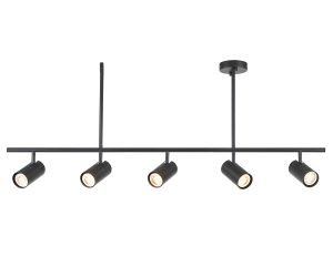 Rez 5 light ceiling spotlight bar in matt black on white background lit