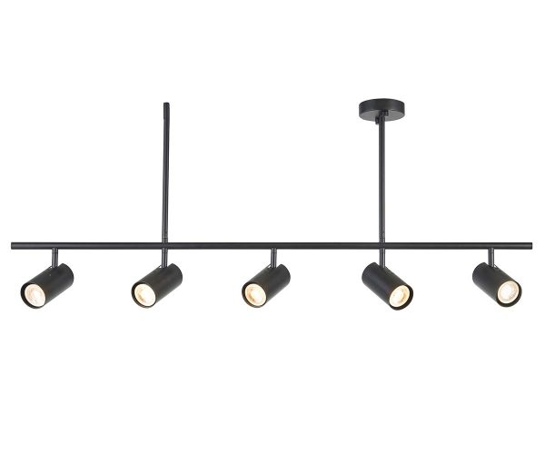 Rez 5 light ceiling spotlight bar in matt black on white background lit