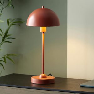 Saroma 1 light modern table lamp in matt terracotta on lounge sideboard