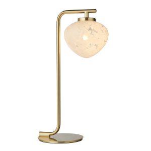 Mali white confetti glass table lamp in satin brass finish on white background.