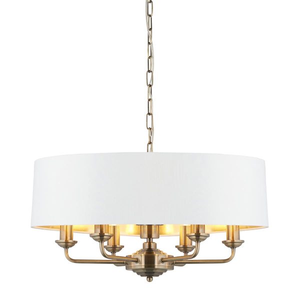 Highclere 6 light pendant in antique brass with vintage white shade on white background