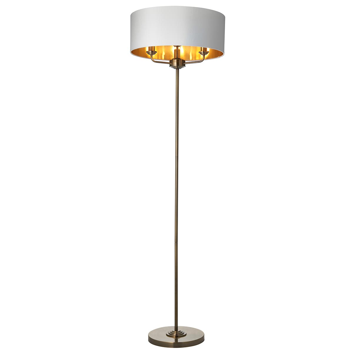 Highclere 3 Light Floor Lamp Antique Brass White Shade