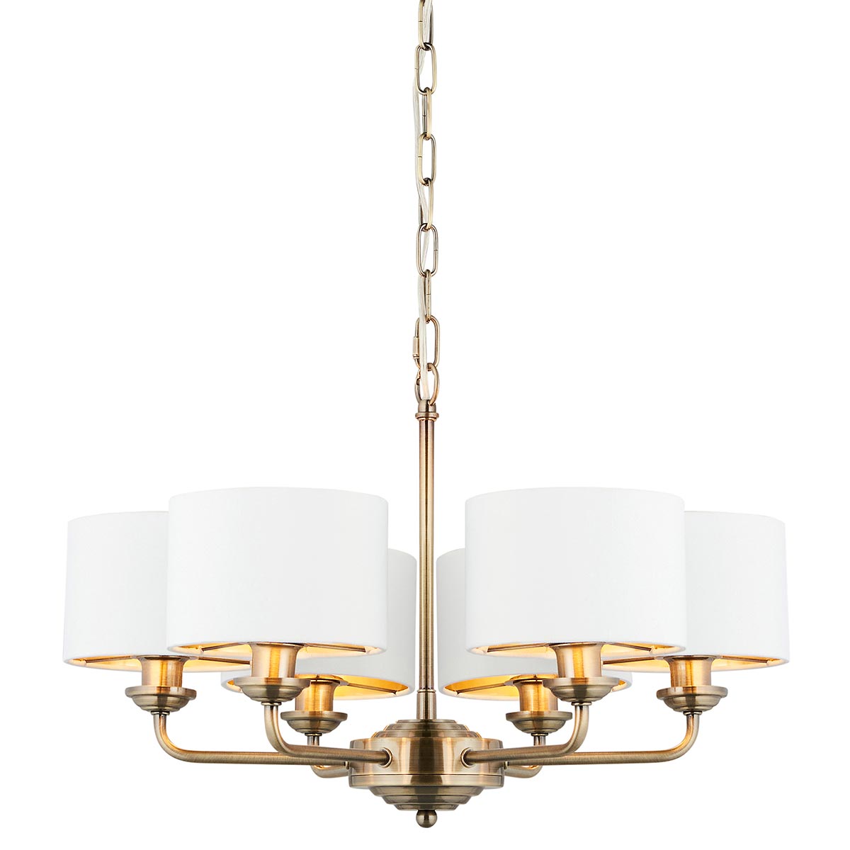 Highclere 6 Light Antique Brass Chandelier White Shades