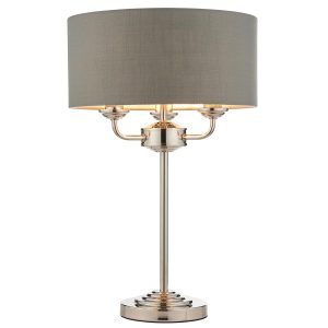 Highclere 3 light table lamp in polished nickel on white background