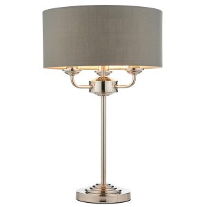 Highclere 3 light table lamp in polished nickel on white background