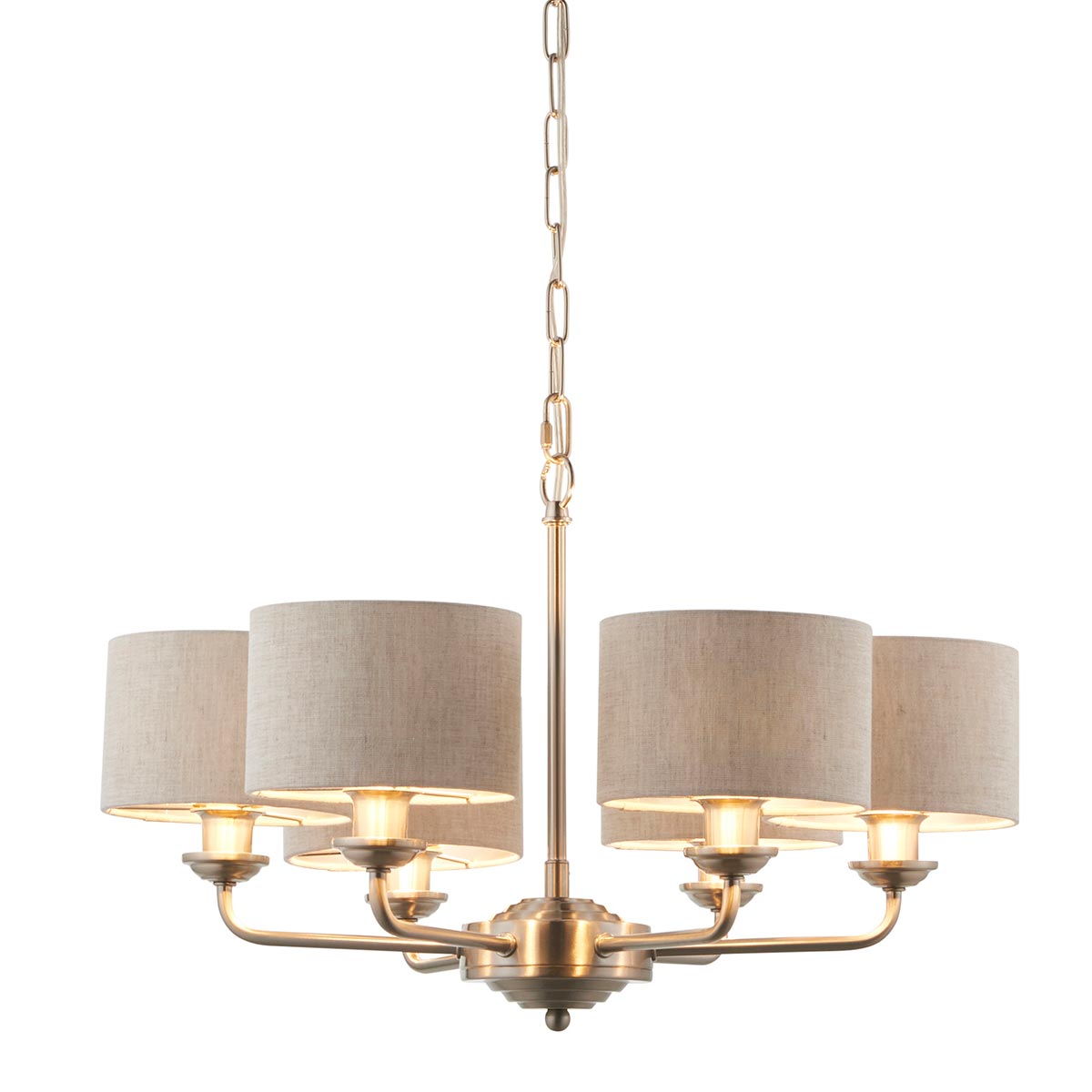 Highclere 6 Light Brushed Chrome Chandelier Linen Shades